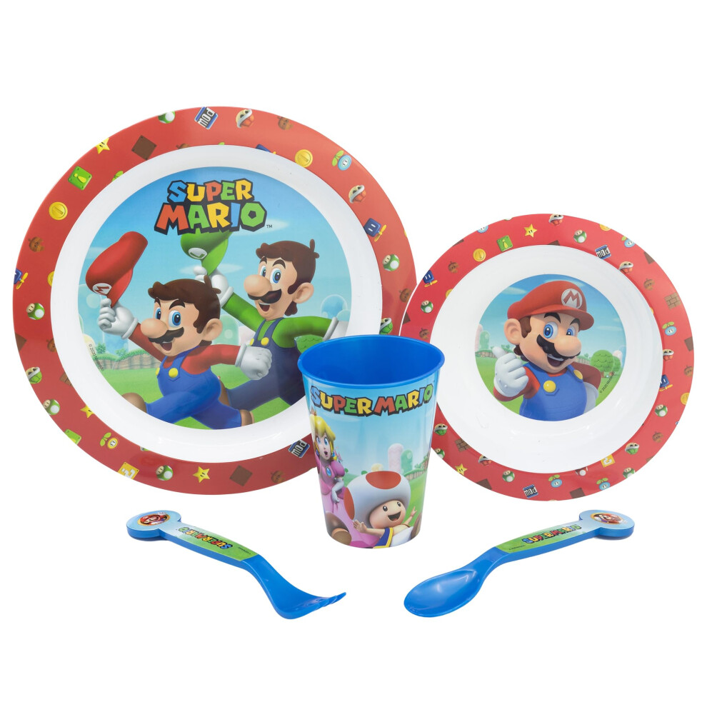 Stor Super Mario Children?S 5-Piece Tableware Set ? 260Ml Cup, Bowl, Plate, And Cutlery ? Bpa-Free, Microwave Safe, And Ideal For Breakfast, Lunch, And