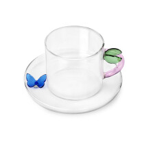Ichendorf Milano Fruits & Flowers Collection Leaf Tea Cup with Saucer Blue Butterfly, 30 cl, Borosilicate Glass, Handmade
