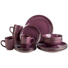 Modern Tableware Set for 4 People with Brass Trim 16 Piece Crockery Set with Rimless Coupe Shapes Purple