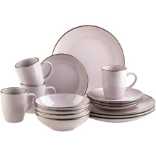 M?SER Metallic Rim Modern Dinnerware Set for 4 People with Brass Edge, 16 Piece Coupe Shapes, Stoneware, Lavender