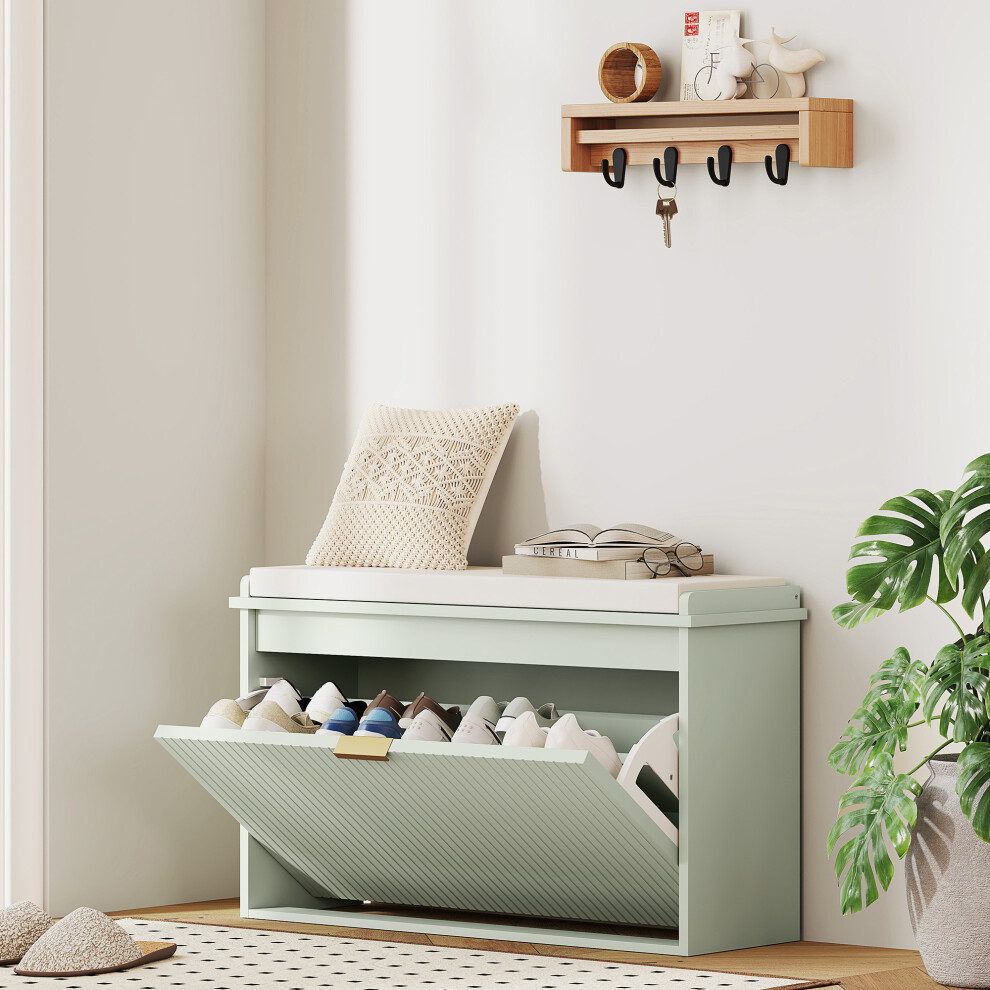 Homcom (Green) Shoe Storage Bench With Cushion And Flip-Drawer Green