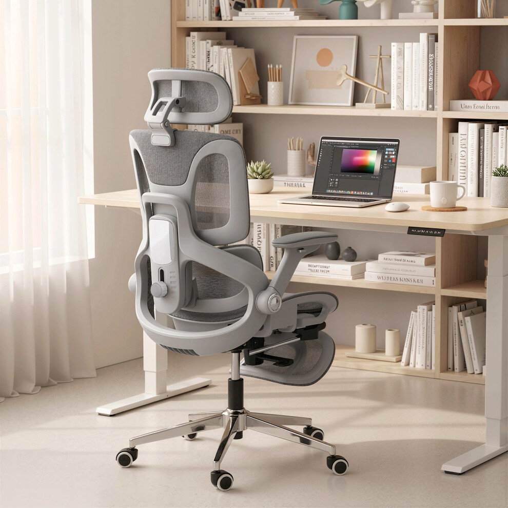 Homcom (Grey) Ergonomic Office Chair, Mesh Desk Chair With Lumbar Support, Footrest Grey