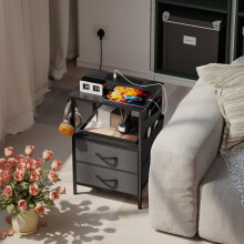 HOMCOM Slim Side Table with Charging Station, Bedside Table, Black