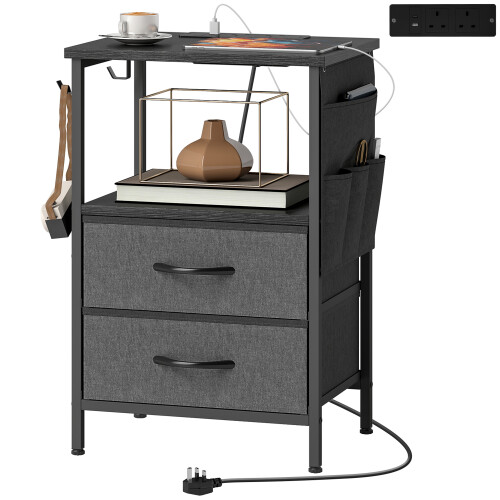 Homcom HOMCOM Slim Side Table with Charging Station, Bedside Table, Black 1