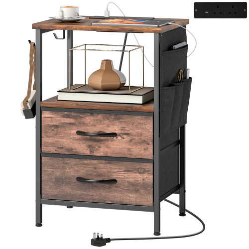 Homcom HOMCOM Slim Side Table with Charging Station, Bedside Table, Rustic Brown 1