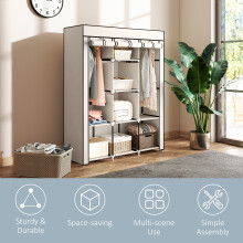 (Cream) HOMCOM Fabric Portable Wardrobe with 8 Shelves 2 Hanging Rails