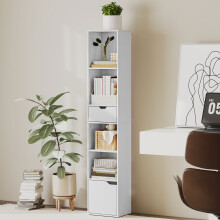 (Brown) HOMCOM Narrow Bookshelf with Drawer, Tall Bookcase for Living Room
