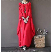 (L, Rood) Katoenen linnen jurk met lange mouwen, losvallend, casual, zomerjurk voor dames, geschikt voor bruiloften en strand.