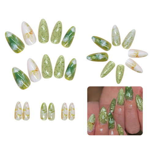 24Pcs Cat-Eye Press On Nails Green Grape Design 1