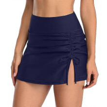 (M, Dunkelblau) Hochtaillierter Baderock für Damen mit integrierten Shorts, Beinschlitz und verstellbarem Kordelzug