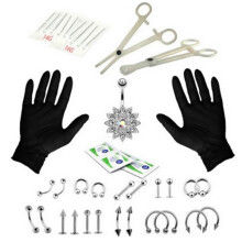 Bodypiercing sieradenset voor neus, tragus, navel, tong, lip, naalden, piercingstaafje, ring, roestvrijstalen sieradengereedschap