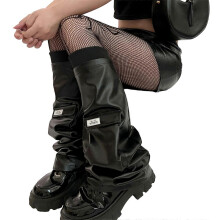 Girls PU Leathers Leg Warmers Flared Leg Sleeves Gothic Baggy Cuffs Ankle Heaped Socks Campus Long Socks
