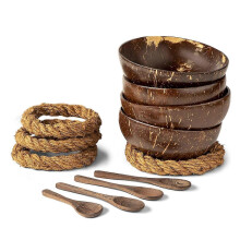 Kokosnussschalen mit Löffeln und Ständern - Set mit 4 Kokosnussschalenschalen + Holzlöffel & No-Wobble-Halter
