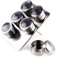 Stainless Steel Magnetic Spice Jars, 6 Pc Spice Tin Set With Rack, Portable