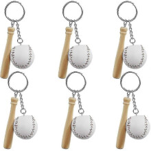 Paquete de 6 llaveros de béisbol y bate de madera. Recuerdos para fiestas temáticas de béisbol.