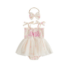 (6-12 Months, Khaki) Baby Girl 2 Piece Outfit Adorable Letter Embroidery Sleeveless Square Neck Tulle Romper Dress and Bow Headband Set
