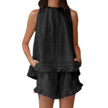 (M, Black) Women's Summer Shorts Outfit Loose Fit Stylish Solid Ruffled Trim Sleeveless Tops and Shorts 2 Pcs Set