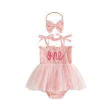 (6-12 Months, Pink) Baby Girl 2 Piece Outfit Adorable Letter Embroidery Sleeveless Square Neck Tulle Romper Dress and Bow Headband Set
