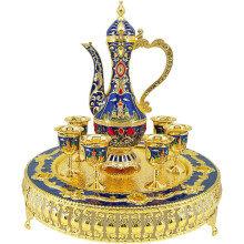 Vintage Turkish Coffee Pot Set,Teapot and Cup Set Including Tray and Metal Cups,Tea Service Set for Tea Table Decor,Wedding Gift. (Blue and Gold)