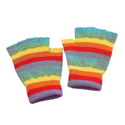 Wintergestrickte Halbfingerhandschuhe, Regenbogenfarben gestreift, winddicht, Fäustling C1025 230