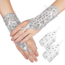 1 Paar Damen Spitzenhandschuhe mit Netzstickerei, Blumen und Strassbesatz, fingerlos, Brauthandschuhe, Ballhandschuhe für Hochzeitskostüme