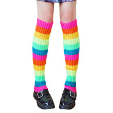 Women 80s Retro Party Ribbed Knit Leg Warmers Neon Rainbow Multicolor Striped Foot Cover Sleeve Ballet Dance Sport Knee High Long Socks