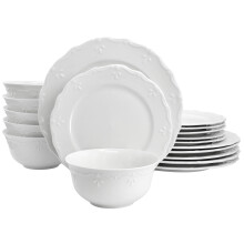 Elama Henryi 18 Pieces Embossed Edge Detail Porcelain White Porcelain Set, Dinnerware Tableware, Dinnerware (18 Pieces)