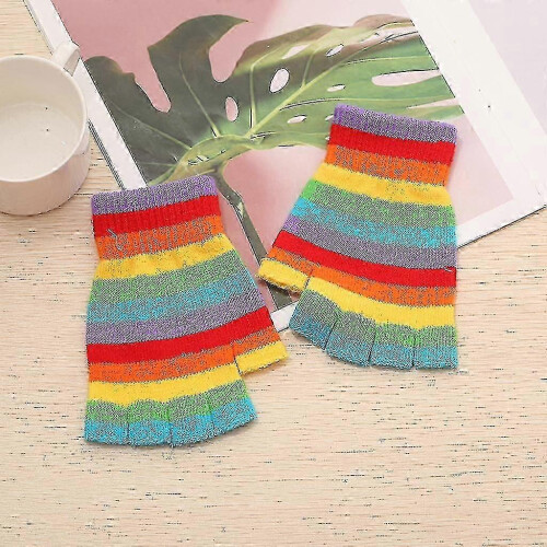Wintergestrickte Halbfingerhandschuhe, Regenbogenfarben gestreift, winddicht, Fäustling C1025 230 2