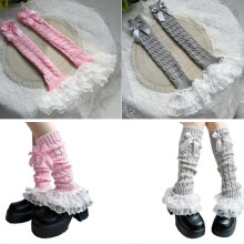 (Noir) Gu??tres en maille torsad??e, chaussettes sans pieds orn??es de n?uds, gu??tres en dentelle ?? volants superpos??es pour femmes, bas rose rouge