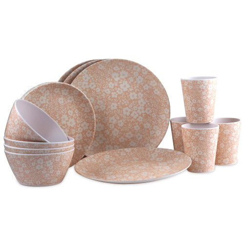 Melamine Plastic Dinner Set - Pink Daisy Flower Plate Cup Bowl (16 Piece Set)