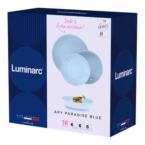 Luminarc Apy Paradise Blue Opal Dinnerware Set 18 Pieces - 6 People Opal Microwave Safe Refrigerator Stackable 2