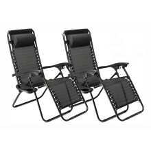 Gr8 Garden 2 x Textoline Zero Gravity Reclining Garden Chair Beach Sun Lounger Recliner Chairs Set in Black Weatherproof With Side Table Drinks Cup