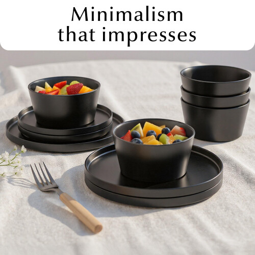 MIAMIO - Dinnerware Sets for 8/24-Piece Modern Stoneware Dish Set/Tableware ? Dishwasher and Microwave Safe ? Luxe Collection (Black, Dinnerware Set 1