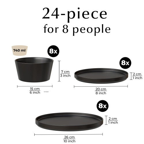 MIAMIO - Dinnerware Sets for 8/24-Piece Modern Stoneware Dish Set/Tableware ? Dishwasher and Microwave Safe ? Luxe Collection (Black, Dinnerware Set 2