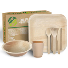 ECO Leaf 175 Pcs Disposable Palm Leaf Dinner Set | 25 X 10 Square Plates, 7" Round Bowls, 8oz Bamboo Paper Cups, Wooden Cutlery Set | Eco-Friendly,