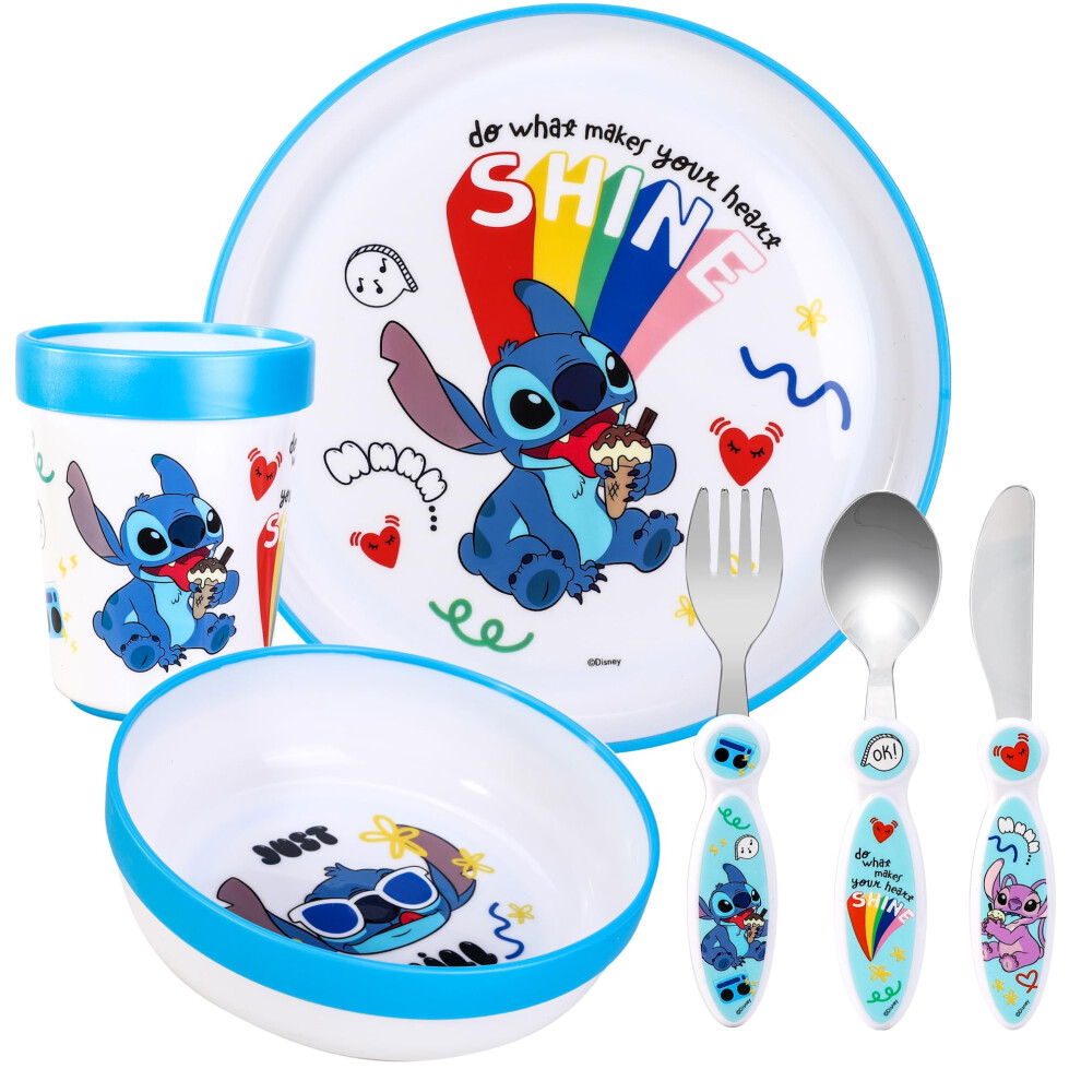 Stitch Kids 6 Piece Reusable Dinner Set - Plate/Bowl/Cup/Knife/Fork/Spoon - Childrens Dinnerware Tableware Cutlery Set Zawadi Global