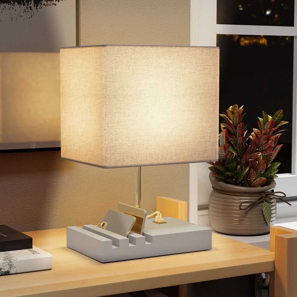 (Grey) HOMCOM Table Lamp with 3 Slots, Bedside Lamp with Solid Wood Base