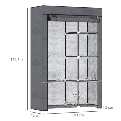 Homcom (Grey) HOMCOM Fabric Wardrobe w/ Shelves Hanging Rail Foldable Closets 2