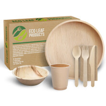 ECO Leaf 175 Pcs Disposable Palm Leaf Dinner Set | 25 X 10 Round Plates, 5" Round Bowls, 8oz Bamboo Paper Cups, Wooden Cutlery Set | Eco-Friendly