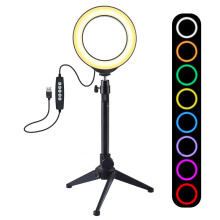 PULUZ 120 mm (4,7 Zoll) USB RGBW LED-Ringlicht, 10 Modi, 8 Farben, dimmbar, mit Tischstativhalterung, Blitzschuh-Kugelkopf, PKT3049, Schwarz
