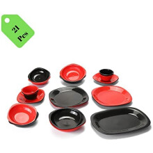 Reusable ECO Unbreakable Durable Plastic Dinner Sets- Ideal for Indoors and Outdoors (Dinnerware Plates Set - 21 Pcs - (Black & Red))