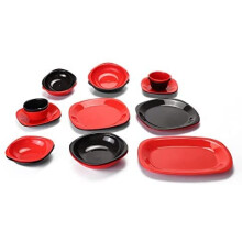 Reusable ECO Unbreakable Durable Plastic Dinner Sets- Ideal for Indoors and Outdoors (Dinnerware Plates Set - 21 Pcs - (Red & Black))