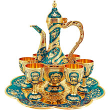 Vintage Turkish Coffee Pot and Cups Set,Tea Service Set Including Teapot,Tea Tray and Metal Cups for Wine Cabinet Decor,Wedding Gifts (Gold and Blue)