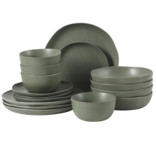 Gibson Elite Menlo Park 16-Piece Pottery Clay Stoneware Dinnerware Set ? Green Reactive Glaze, Organic Shape Embossed Plates and Bowls W/Pasta Bowl,