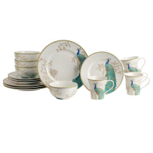 222 Fifth Peacock Garden 16 Piece Porcelain Dinnerware Set with Round Plates: Service for 4, White