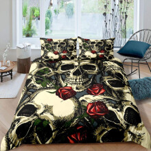 Skulls Duvet Cover Red Roses Bedding Set Skeleton Comforter Cover for Boys Girls Kids Scary Gothic Bones Style Bedding & Linen Double