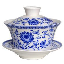 Birsppy Larger Gaiwan 8oz Chinese Kung Fu Sancai Tureen Tray Cup Tea Set Blue White Flower (Beauty A)