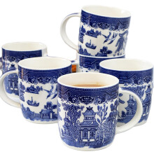 Darthome Set of 6 Blue Willow Mugs Ceramic 300ml Hot Drinks Coffee Cups English Tableware
