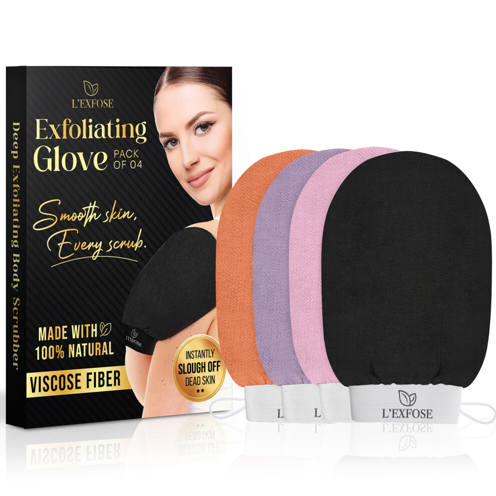 L'exfose Moroccan Kessa Exfoliating Glove 4Pc - Korean Exfoliating Mitt For Body Ideal For Dead Skin Remover, Keratosis Pilaris & Self-Tanning To