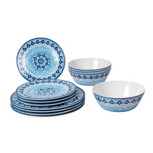 Abode Homewares Blue Fontana 12-Piece Melamine Dinnerware Set, 4 Dinner Plates, 4 Salad Plates, 4 Bowls, Dishwasher Safe, Durable